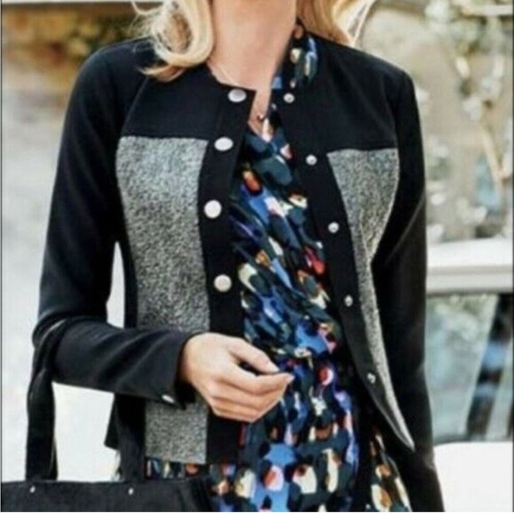 Cabi‎ black green metallic mixed media snap front jacket size Medium #3036
